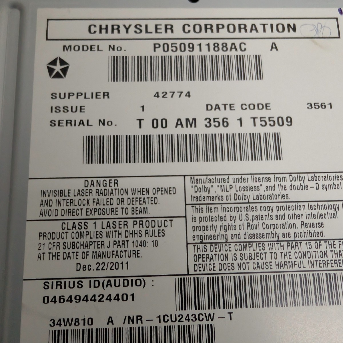 2011-2013 Jeep Cherokee Dodge Durango RHB 430N MyGIG Navigation Radio W/Code