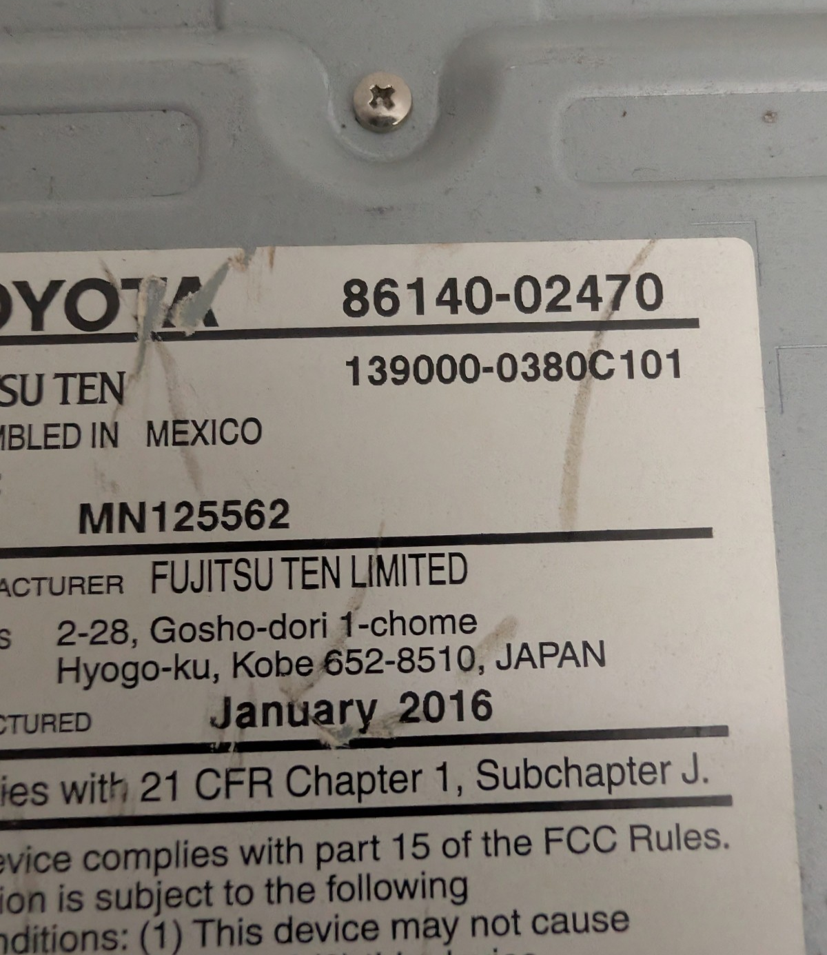 2015-2016 Toyota Corolla Radio Display Receiver AM FM CD 100571 86140-02470 OEM