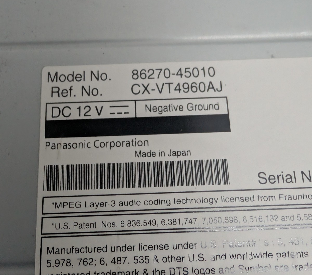 2011-2014 Toyota Sienna Rear Entertainment DVD Video Player 86270-45010