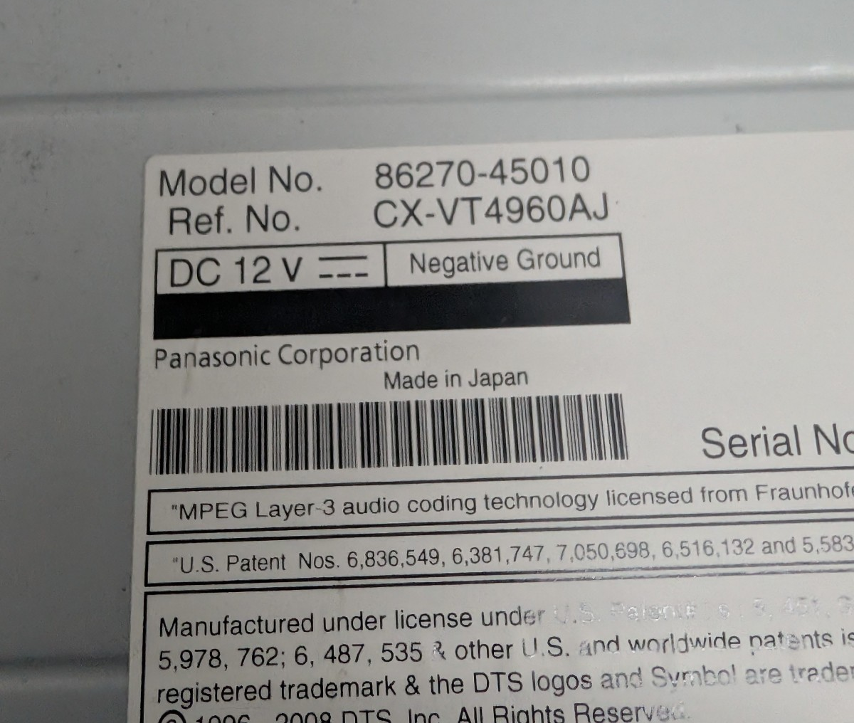 2011-2014 Toyota Sienna Rear Entertainment DVD Video Player 86270-45010