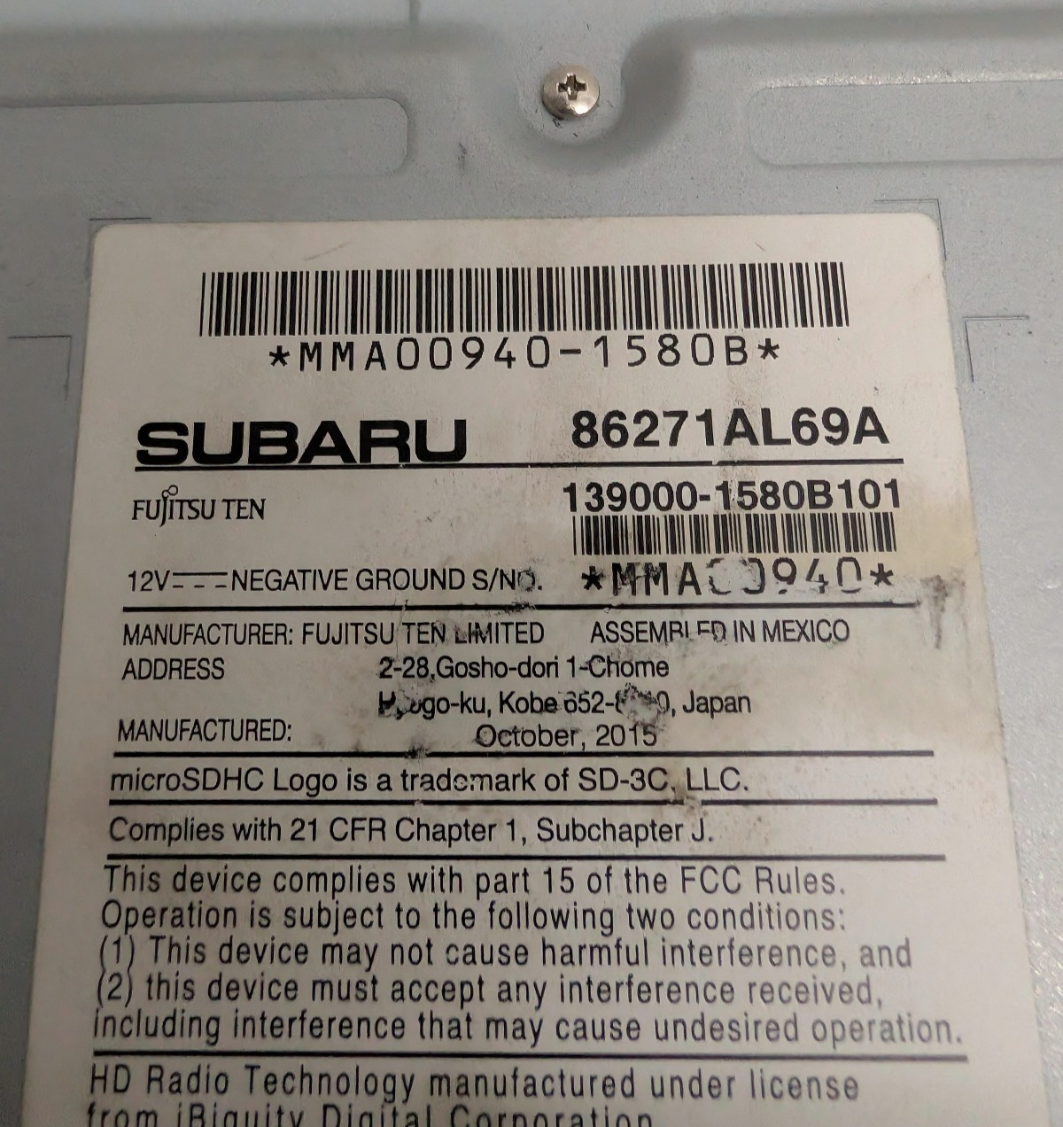 2015-2017 Subaru Outback Legacy Navigation Radio Touchscreen OEM 86271AL69A