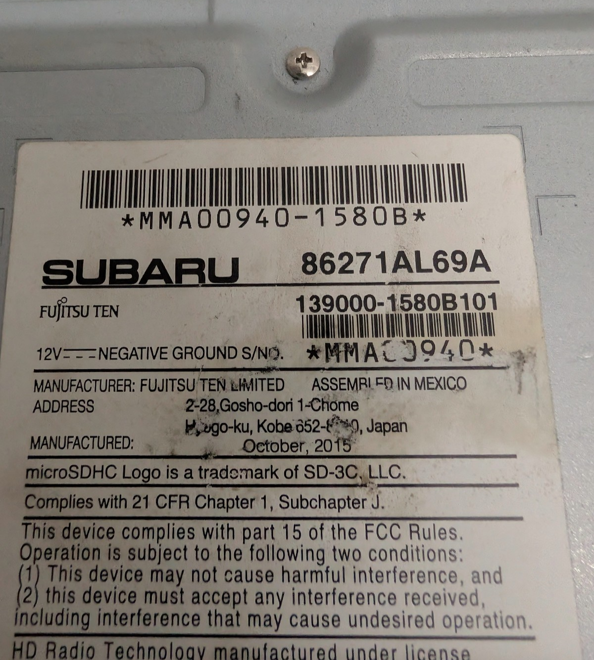 2015-2017 Subaru Outback Legacy Navigation Radio Touchscreen OEM 86271AL69A