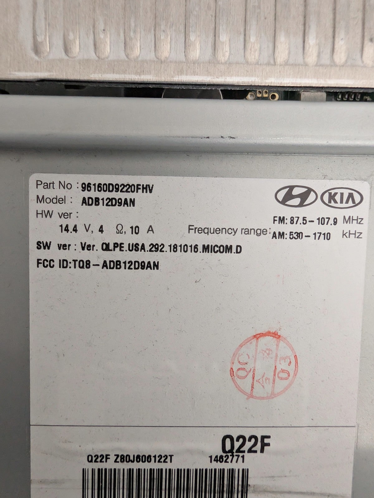 2020-2022 Kia Sportage Radio  8" Display Screen Apple CarPlay  96160D9220FHV