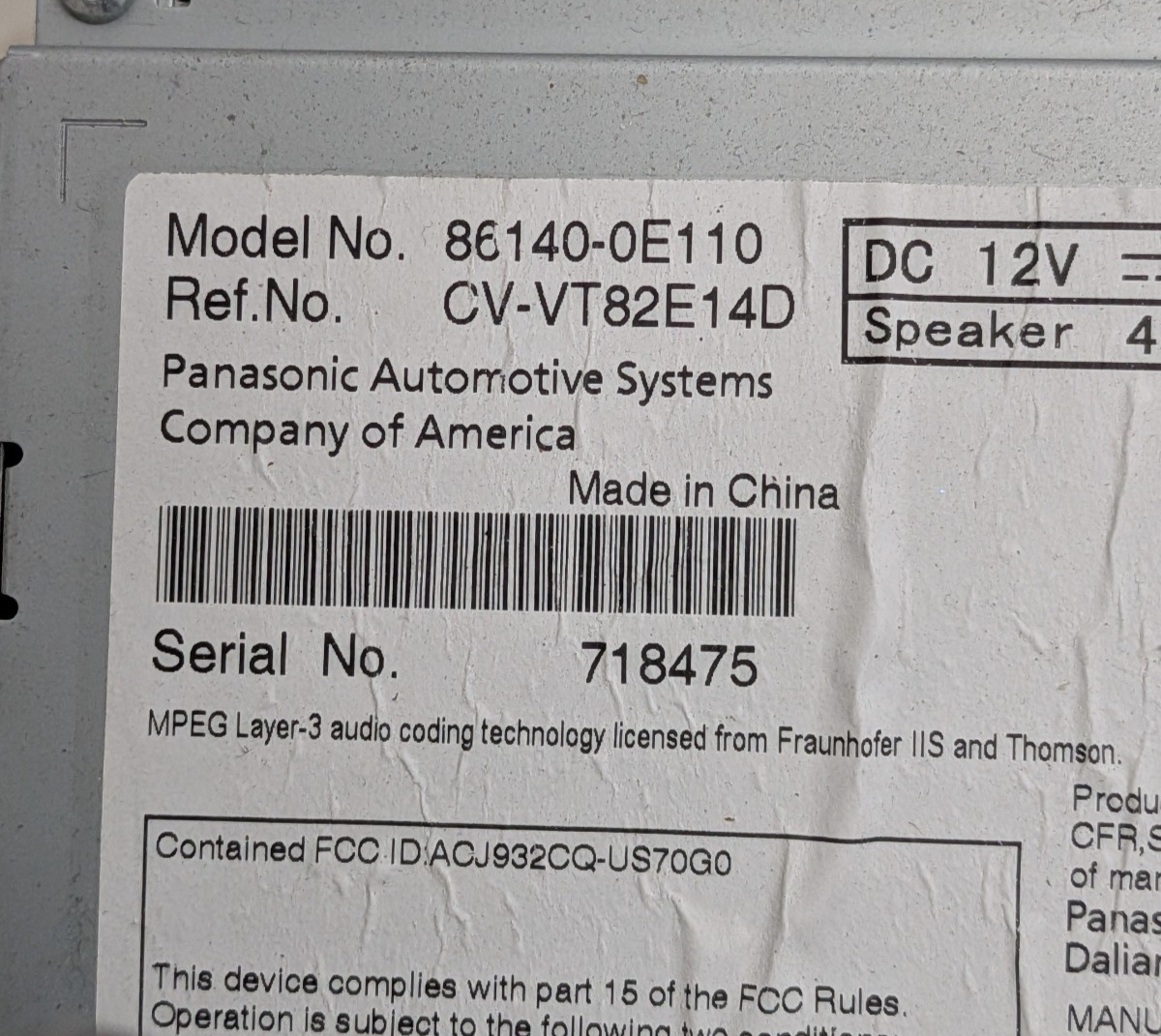 2014-2019 Toyota Highlander Display Screen Radio CD Player Receiver 86140-0E110