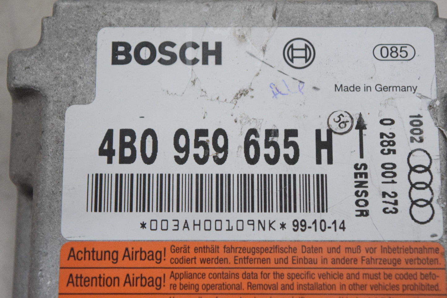 99 00 01 AUDI A6 AIRBAG SRS CONTROL MODULE SENSOR 4B0959655H OEM